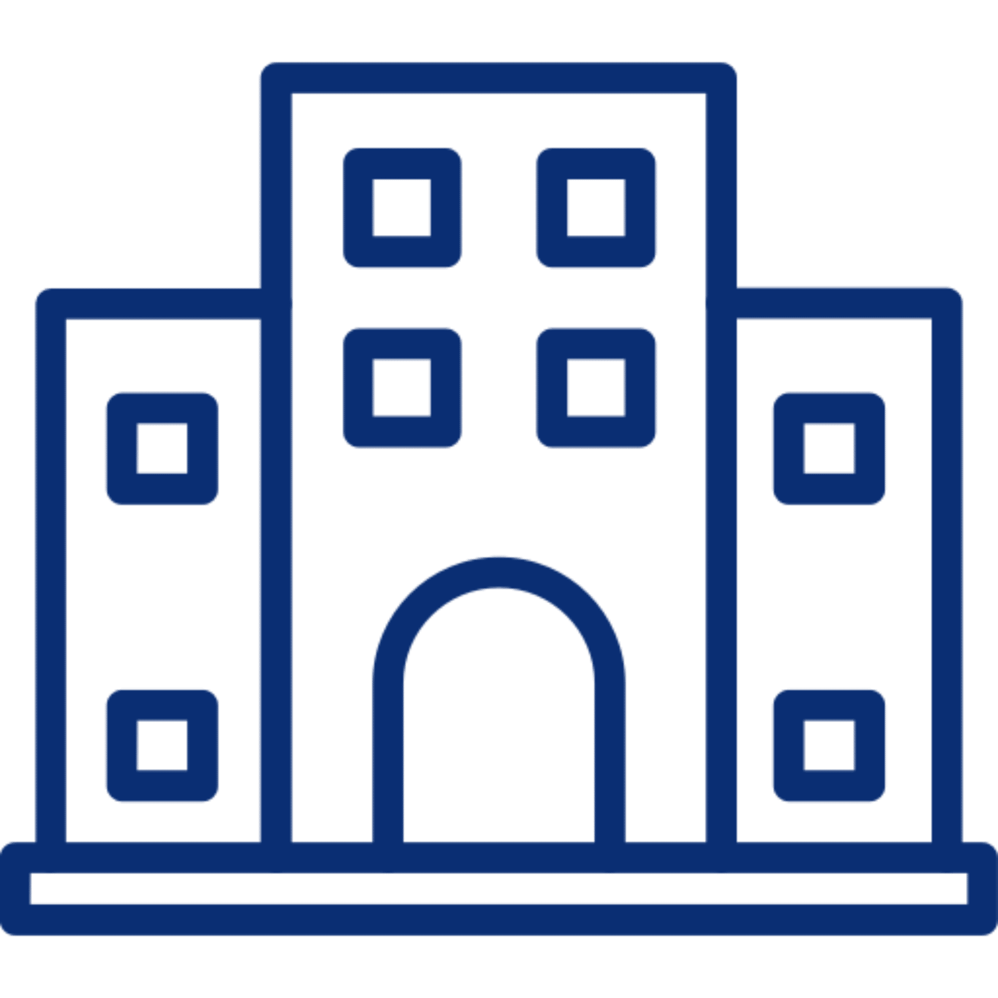 Blue outlined building icon on black background