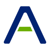 Blue stylized letter A with green bar