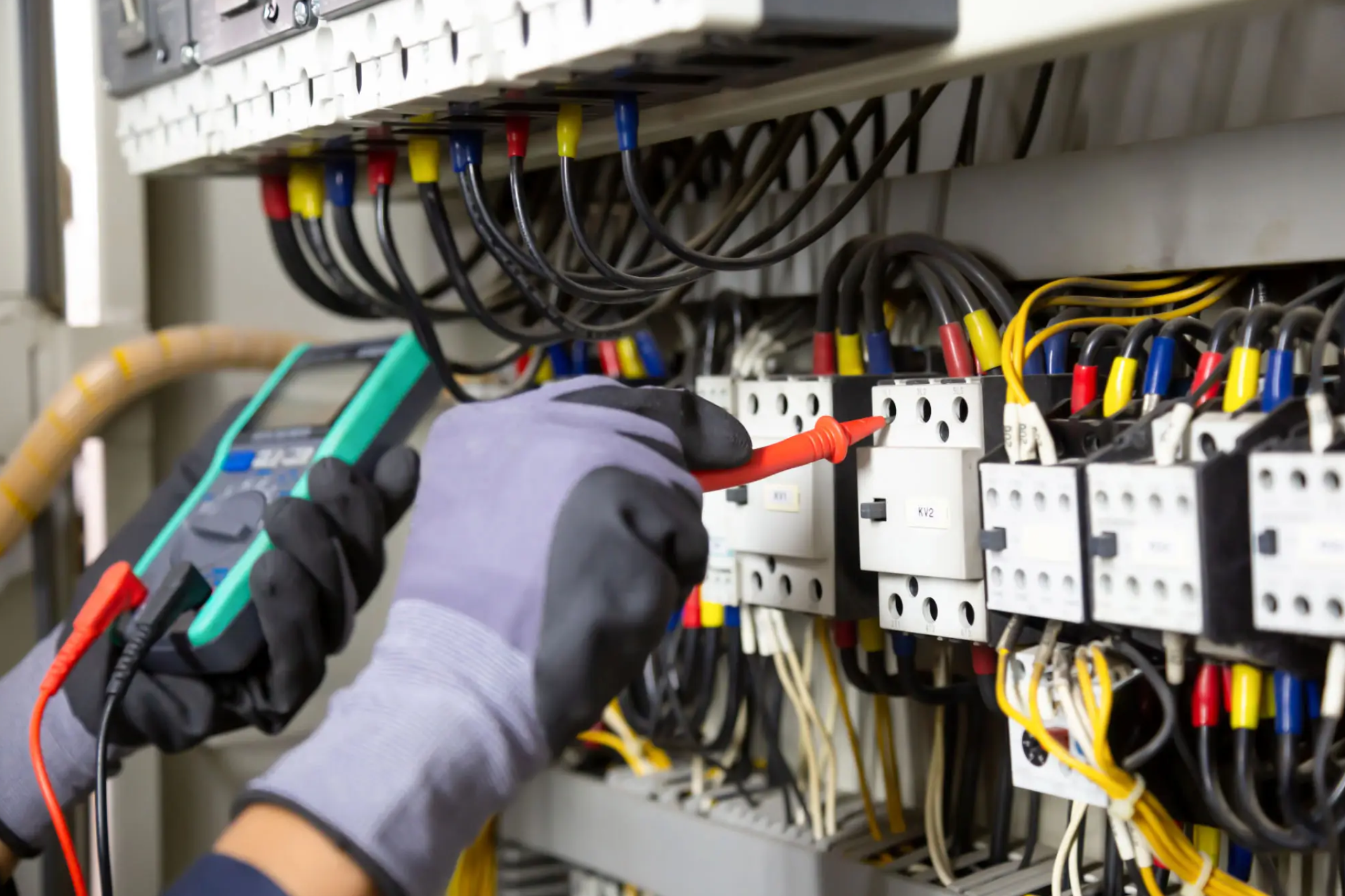Electrician testing control panel with multimeter